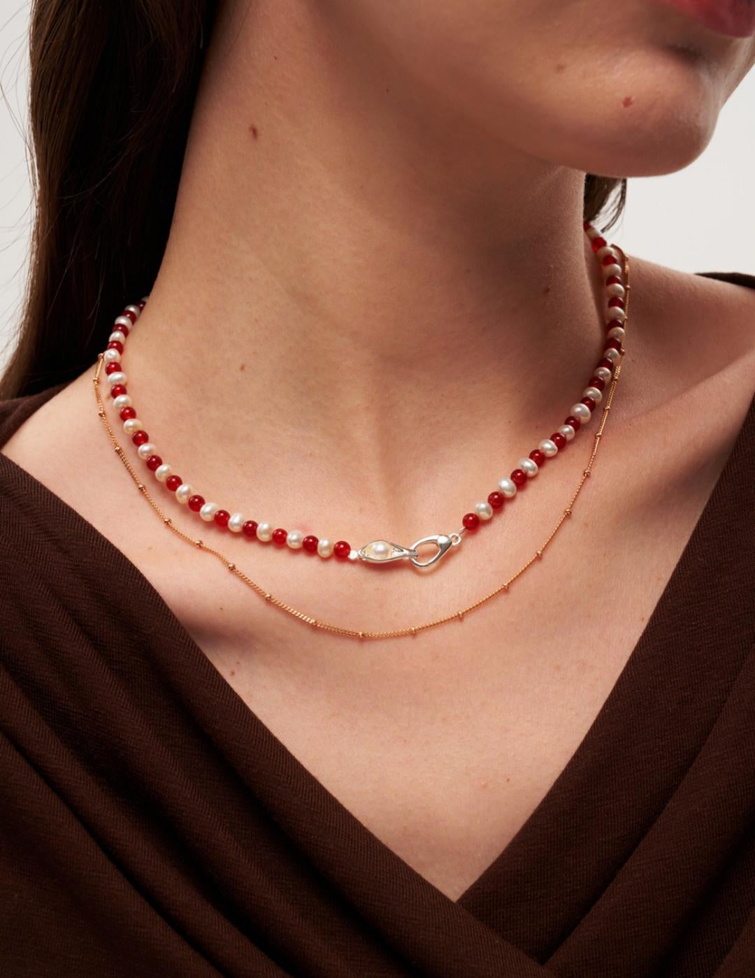 Bean Pod Red Agate Pearl Beaded Necklace gembea jewelry