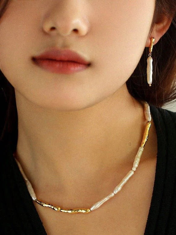 Simple Long Baroque Toothpick Pearl Earrings-Gembea Jewelry