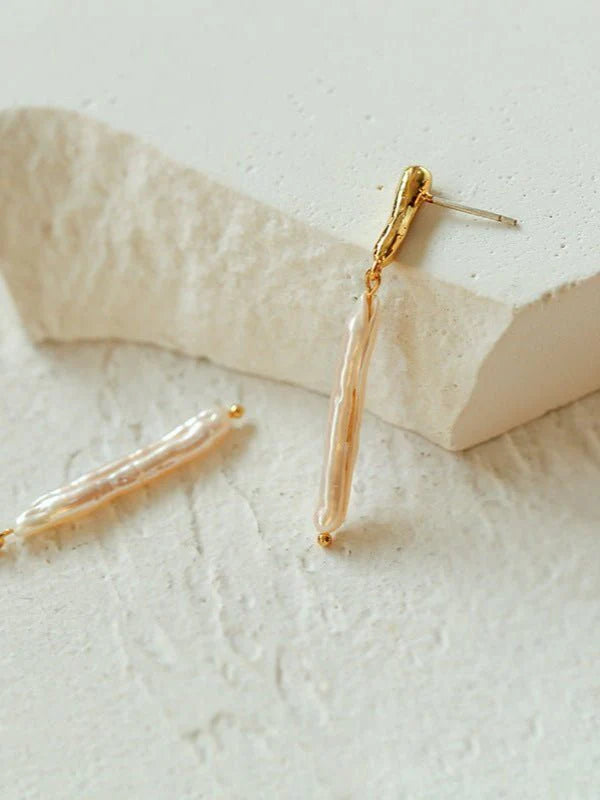 Simple Long Baroque Toothpick Pearl Earrings-Gembea Jewelry