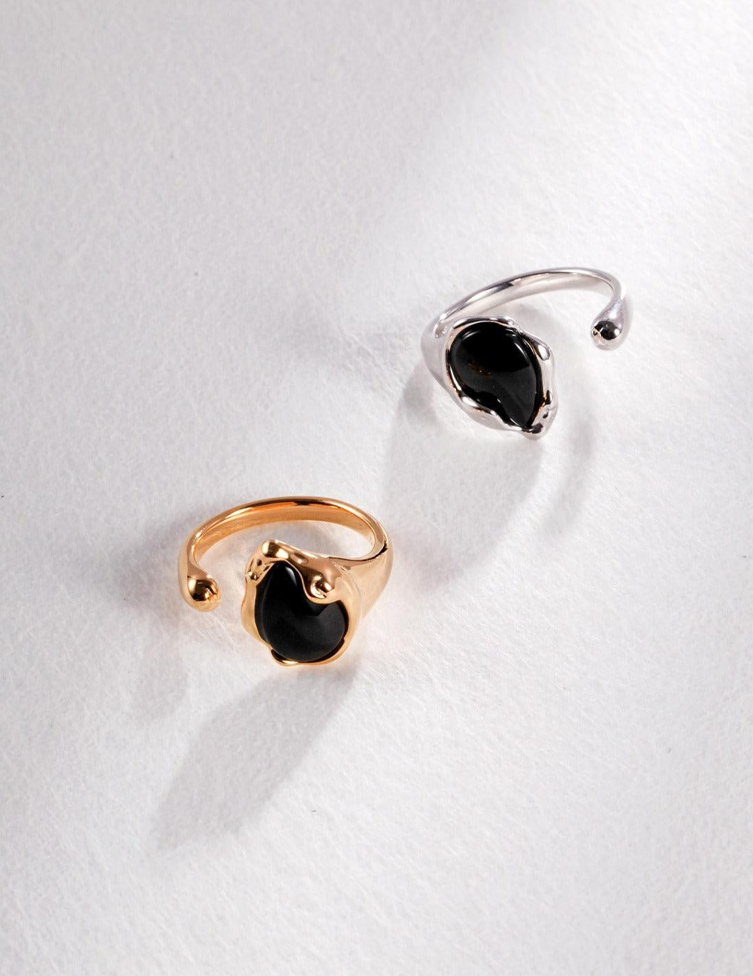 Water Drop Black Agate Gemstone Open Rings - Gembea Jewelry