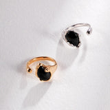 Water Drop Black Agate Gemstone Open Rings - Gembea Jewelry