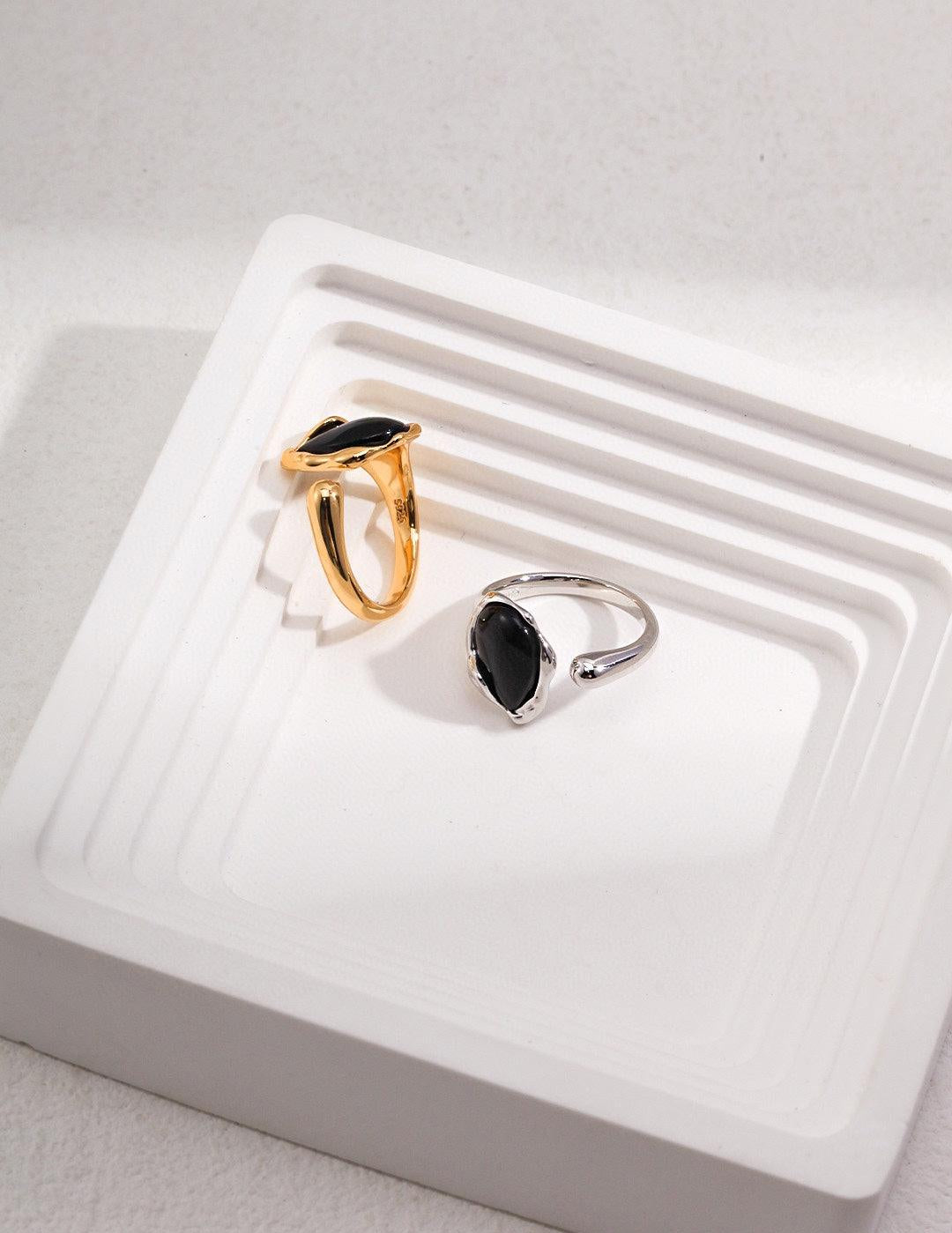 Water Drop Black Agate Gemstone Open Rings - Gembea Jewelry