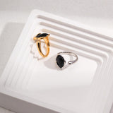 Water Drop Black Agate Gemstone Open Rings - Gembea Jewelry