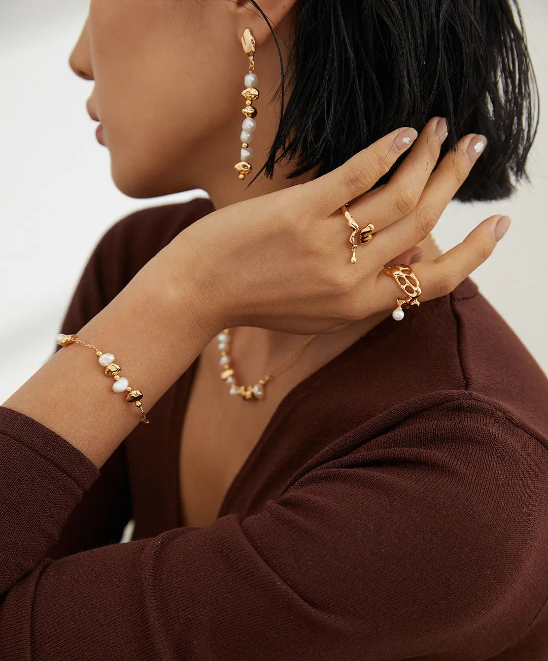 Gold Bean Pearl Long Earrings