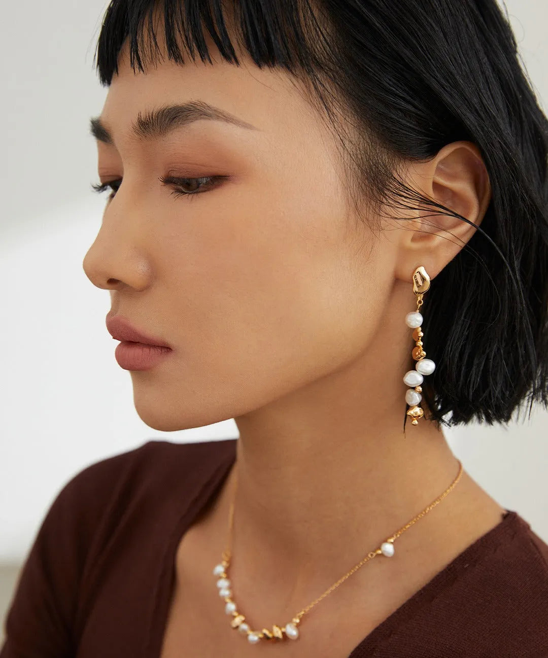 Gold Bean Pearl Long Earrings