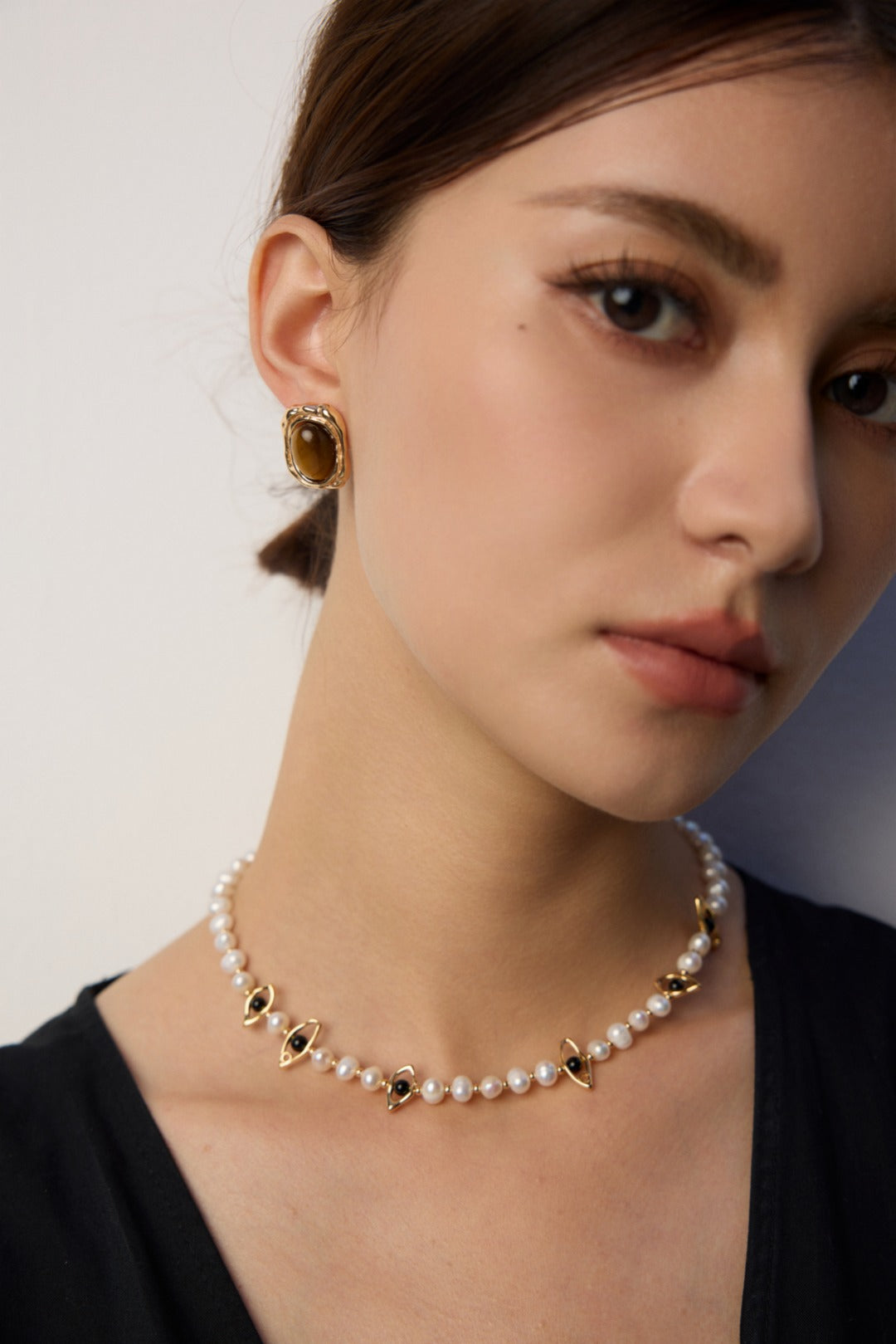 Eyes Shaped Black Agate Pearl Necklace Gembea Jewelry