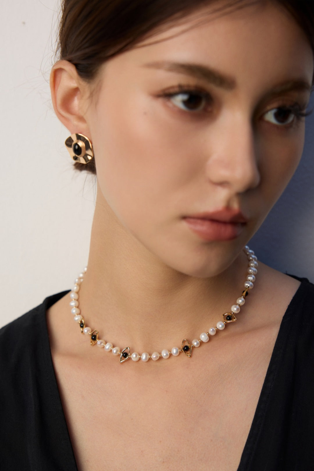 Eyes Shaped Black Agate Pearl Necklace Gembea Jewelry