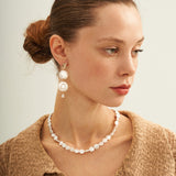 Double Round Pendant Baroque Drop Pearl Earrings