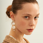 Double Round Pendant Baroque Drop Pearl Earrings