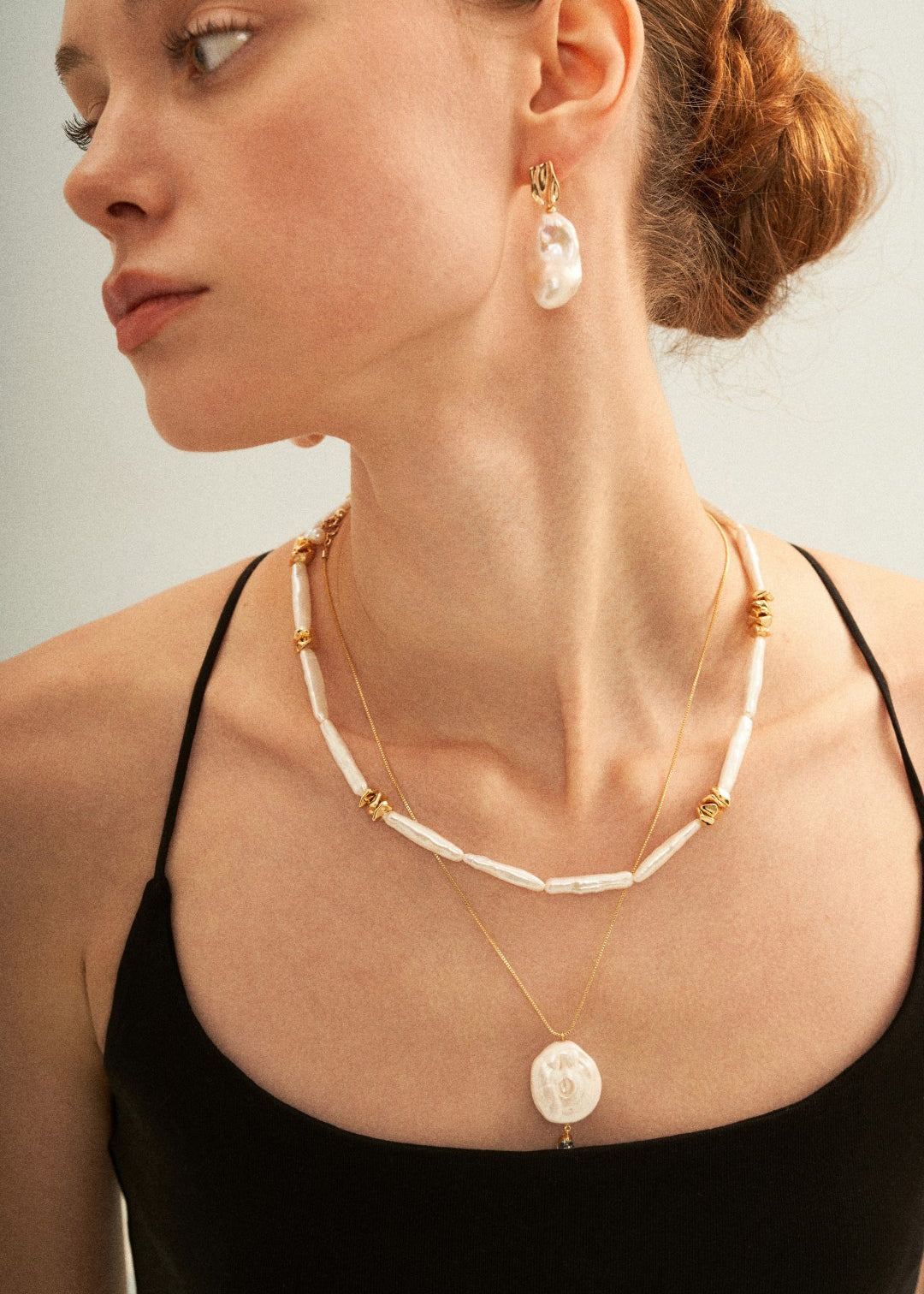 Metal Bean Strip Baroque Pearl Necklace