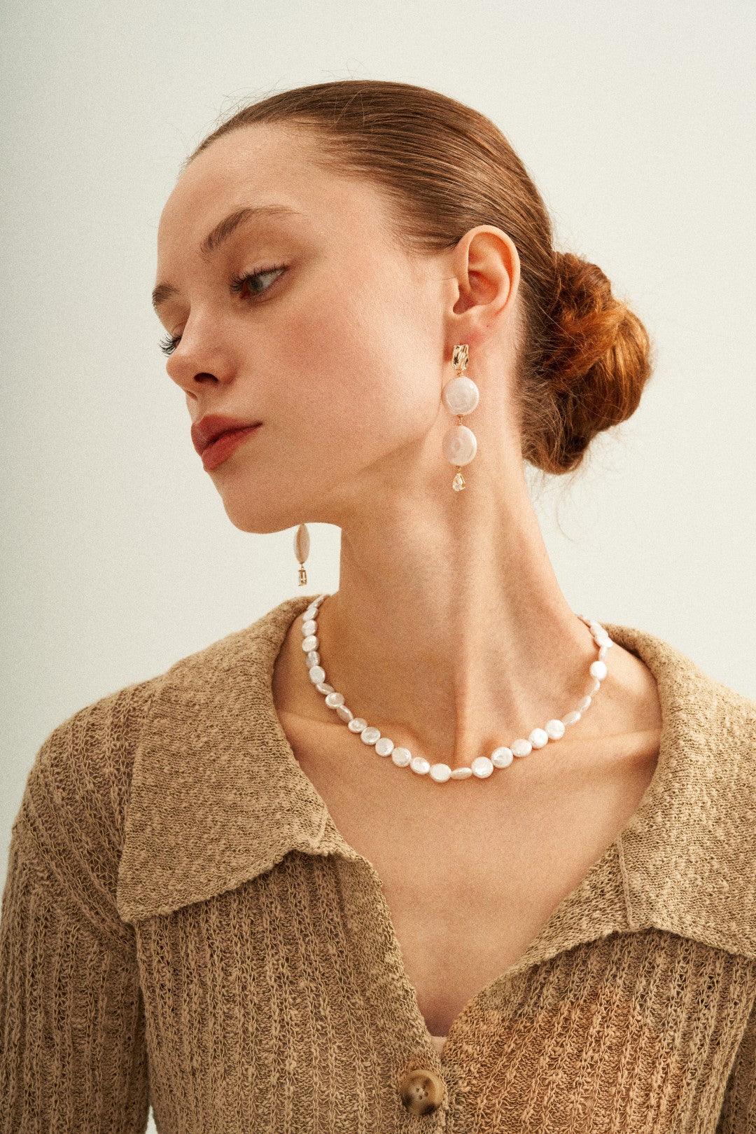 Double Round Pendant Baroque Drop Pearl Earrings - Gembea Jewelry