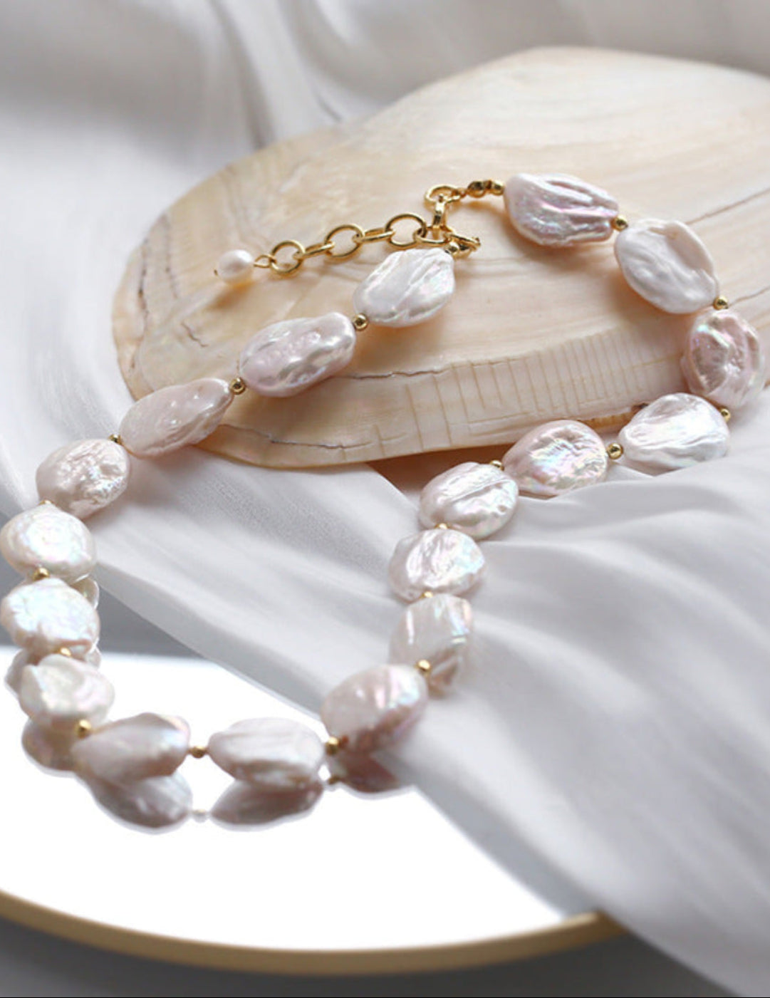 Natural Baroque Shaped Flat Pearl Necklace