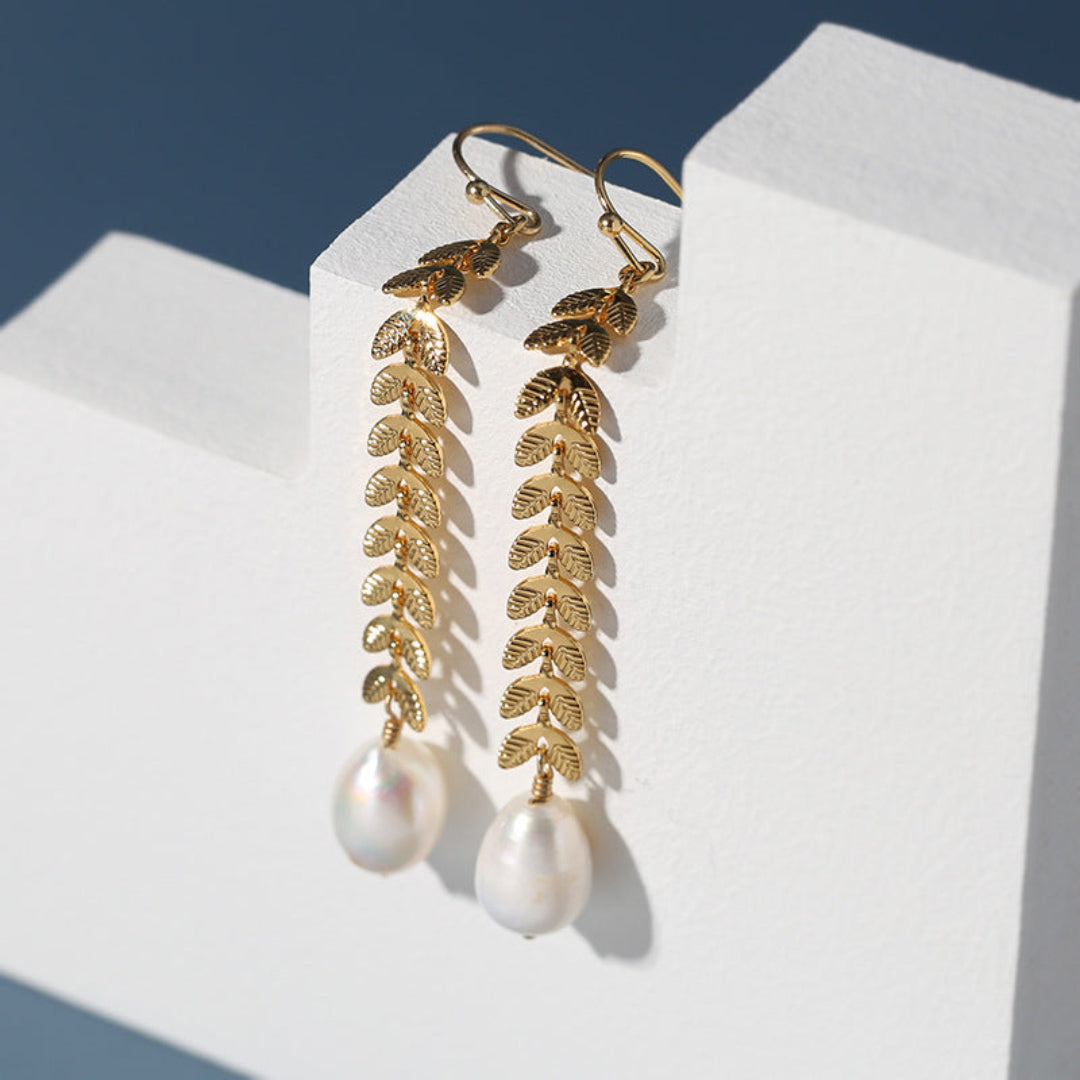 Simple Leaf Freshwater Pearl Earrings