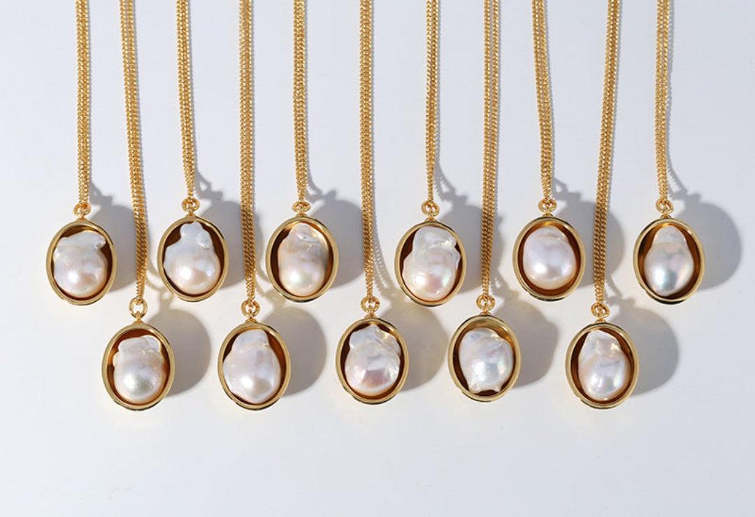 Oval Pendant Baroque Shaped Pearl Necklace - Gembea Jewelry