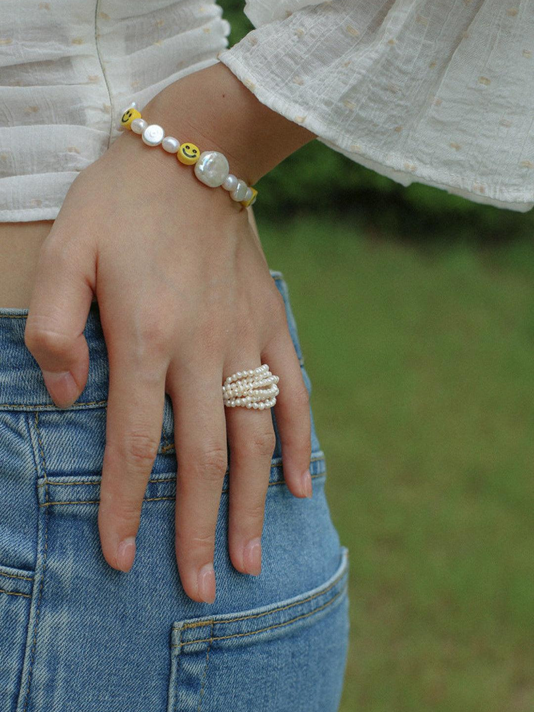 Hand-woven Multi-layer Small Rice Pearl Ring - Gembea Jewelry
