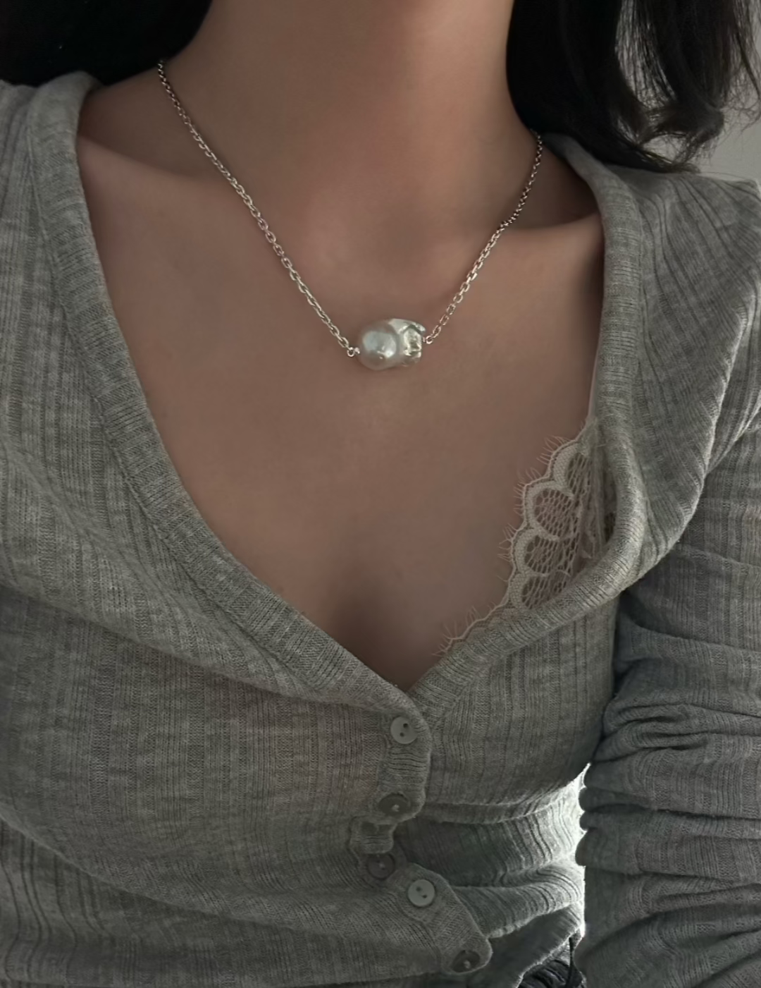 Sterling Silver Chain Baroque Pearl Pendant Necklace