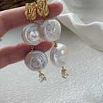 Double Round Pendant Baroque Drop Pearl Earrings