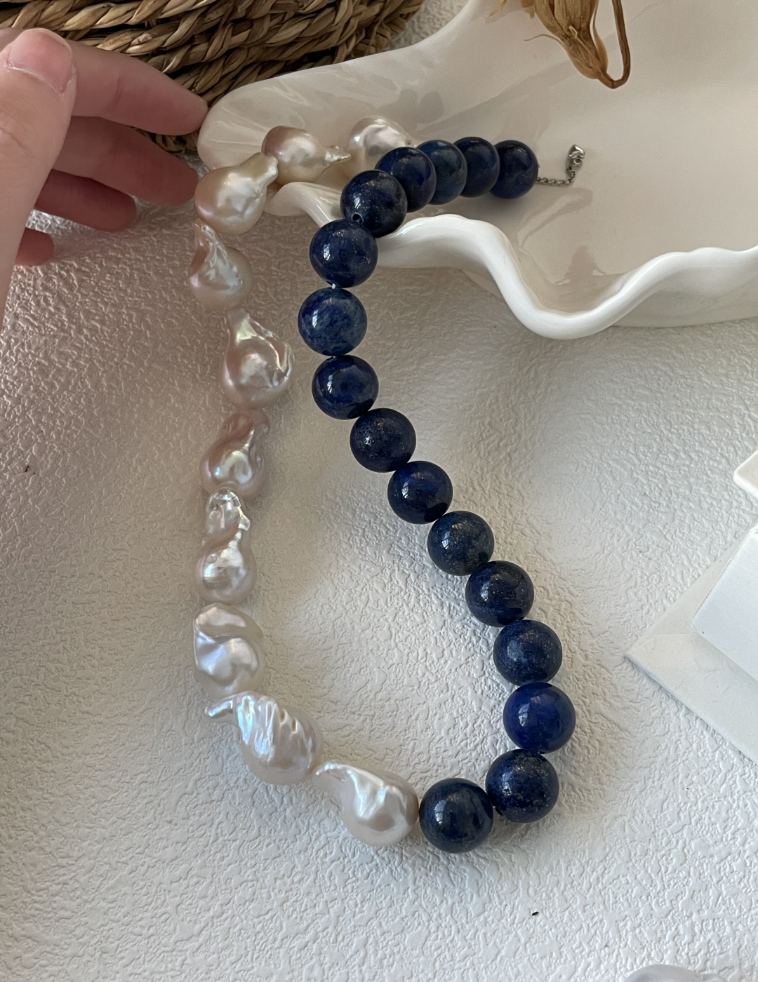 Lapis Lazuli Gemstone Baroque Pearl Beaded Necklace