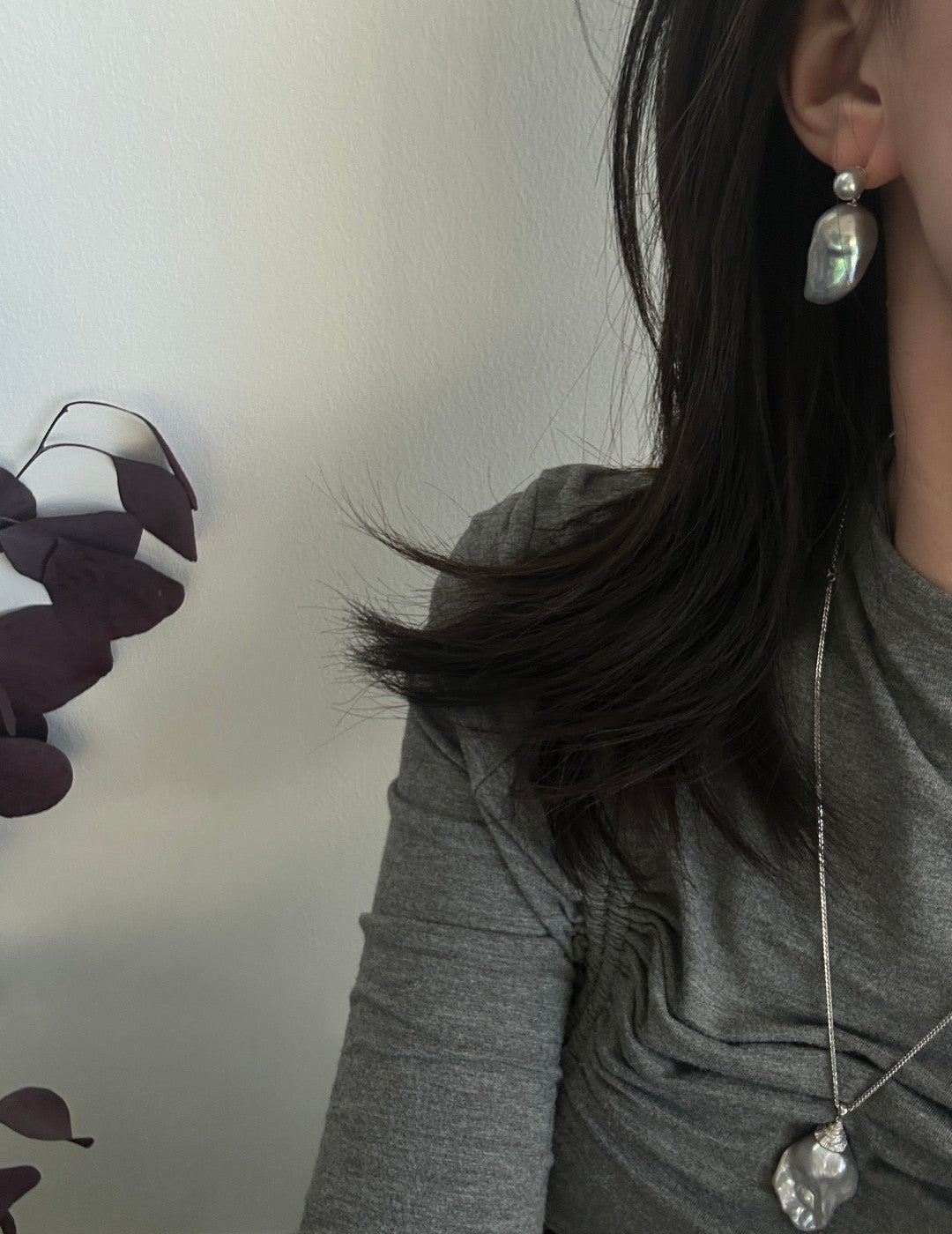 Grey Baroque Pendant Drop Earrings