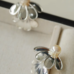 Elegant Natural Pearl Double Silver Flower Stud Earrings