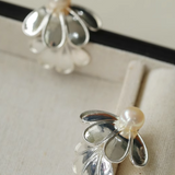 Elegant Natural Pearl Double Silver Flower Stud Earrings