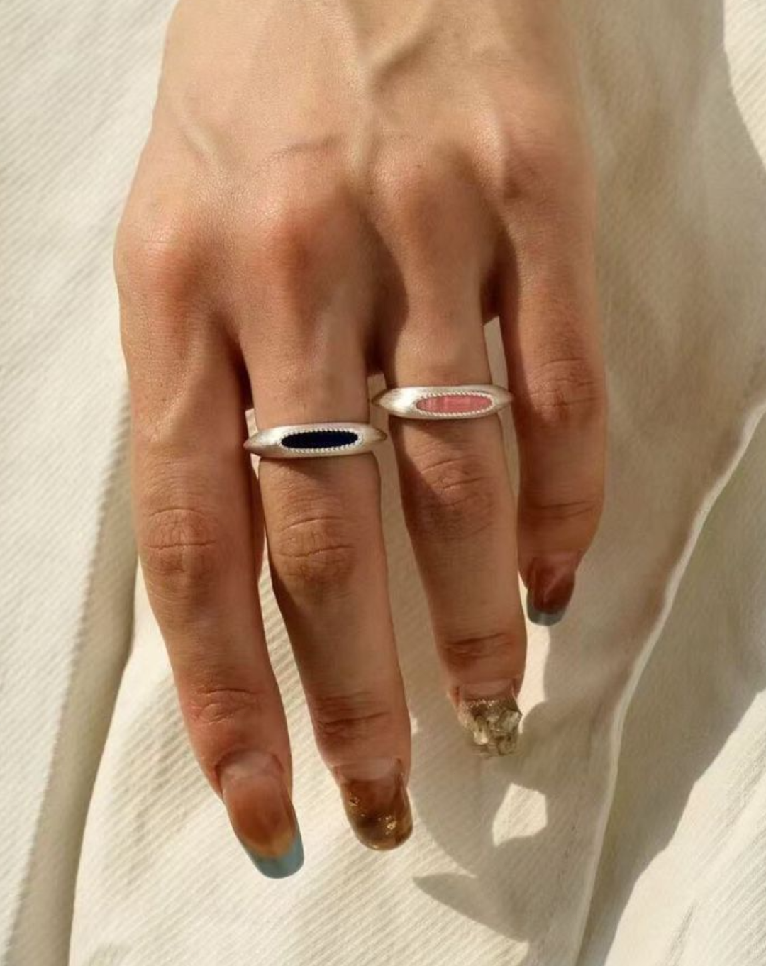 Gembea jewelry Silver Brushed Oval Natural Stone Ring