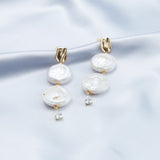 Double Round Pendant Baroque Drop Pearl Earrings