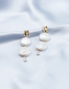 Double Round Pendant Baroque Drop Pearl Earrings