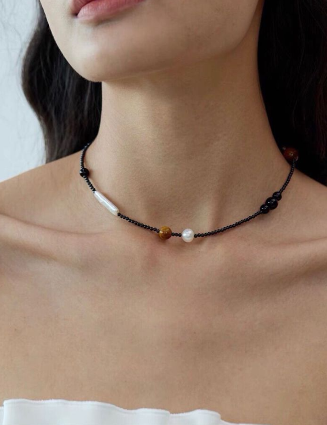 Simple Pearl Black Agate Tiger Eye Stone Necklace