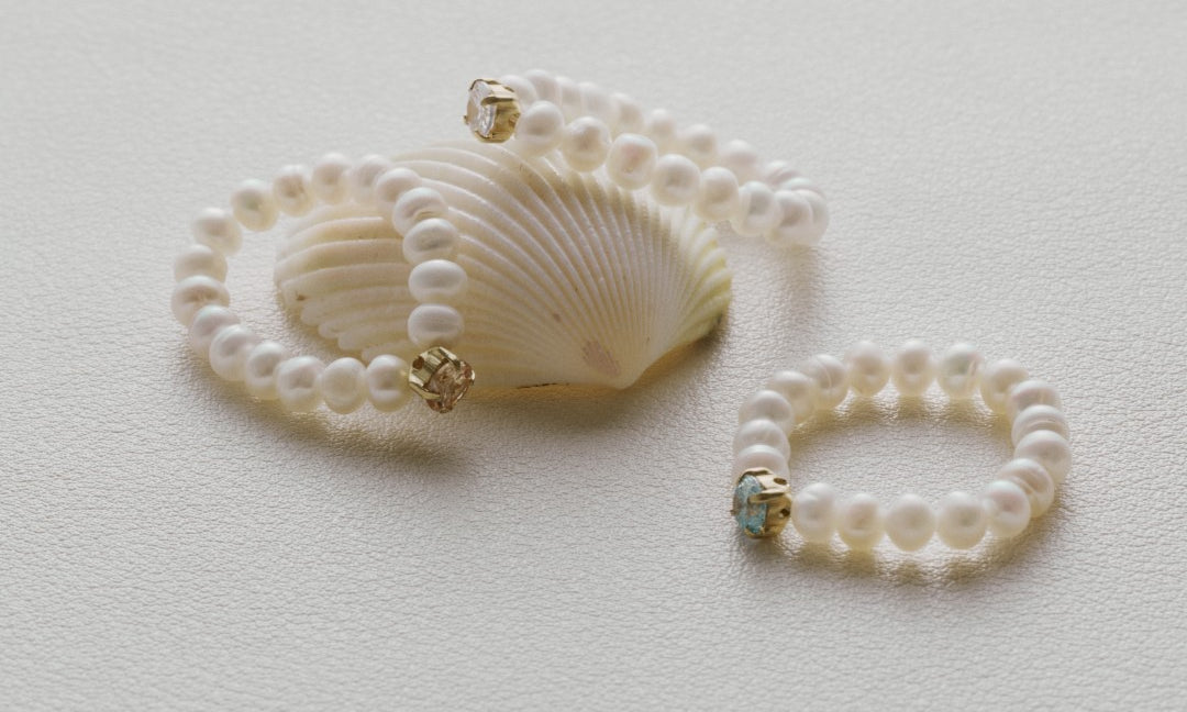 Amalfi Pearl Beaded Ring with Cubic zirconia gembea jewelry