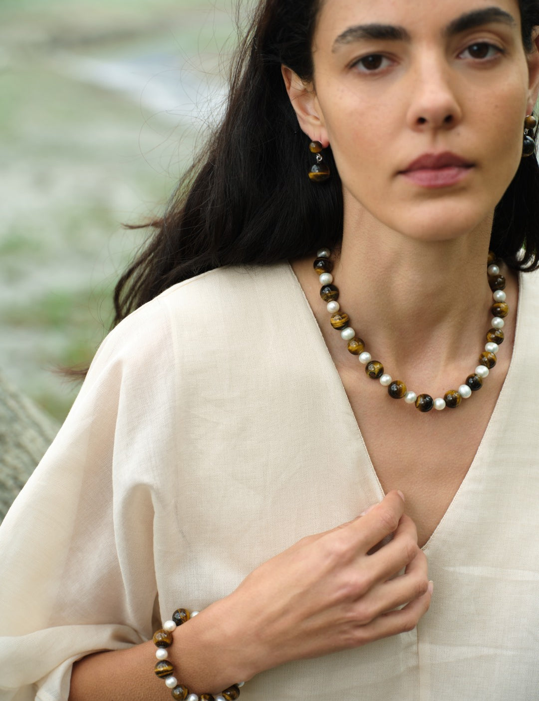 Amber Oak Tiger's Eye Pearl Necklace gembea jewelry