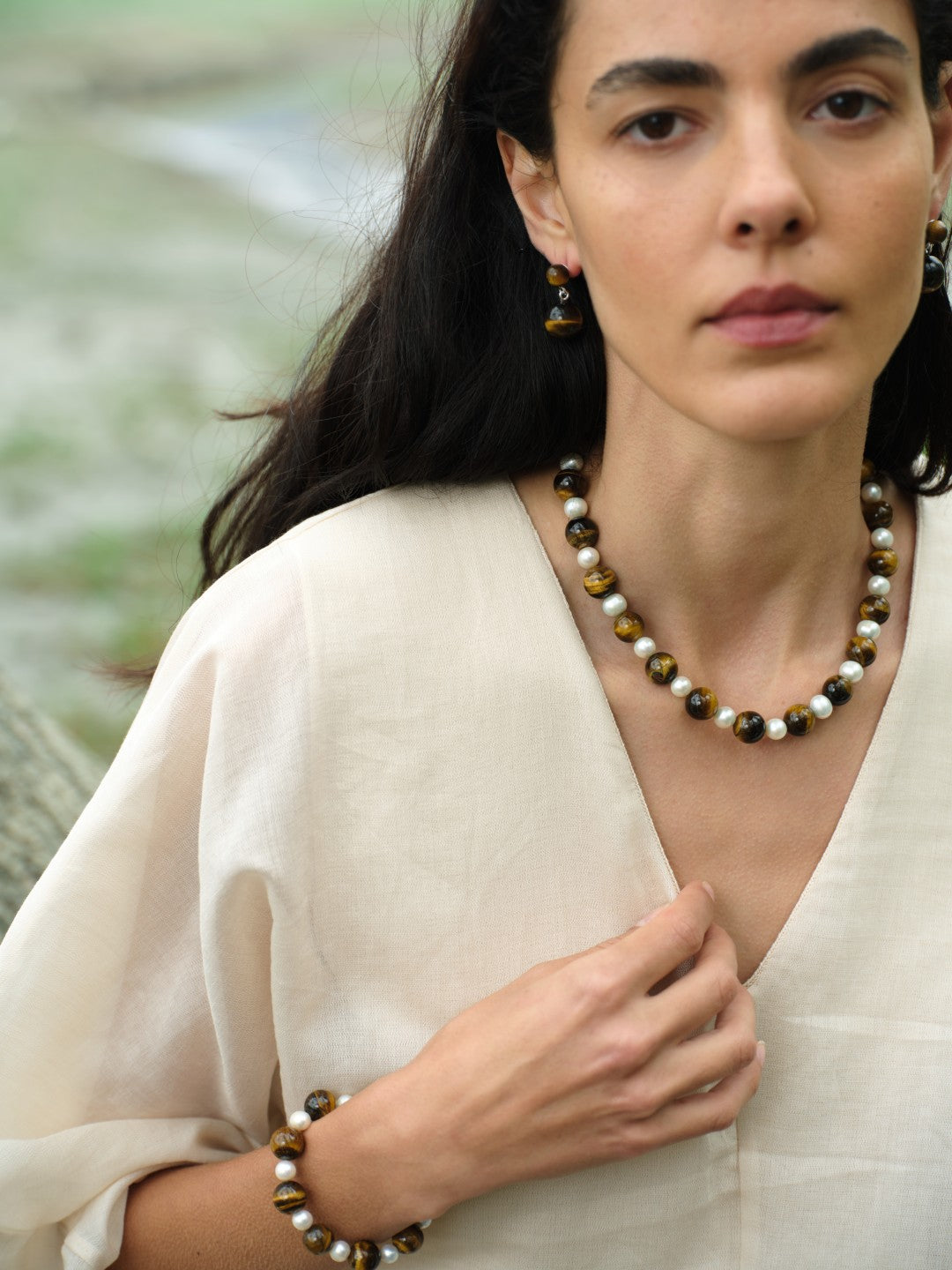 Amber Oak Tiger's Eye Pearl Necklace gembea jewelry