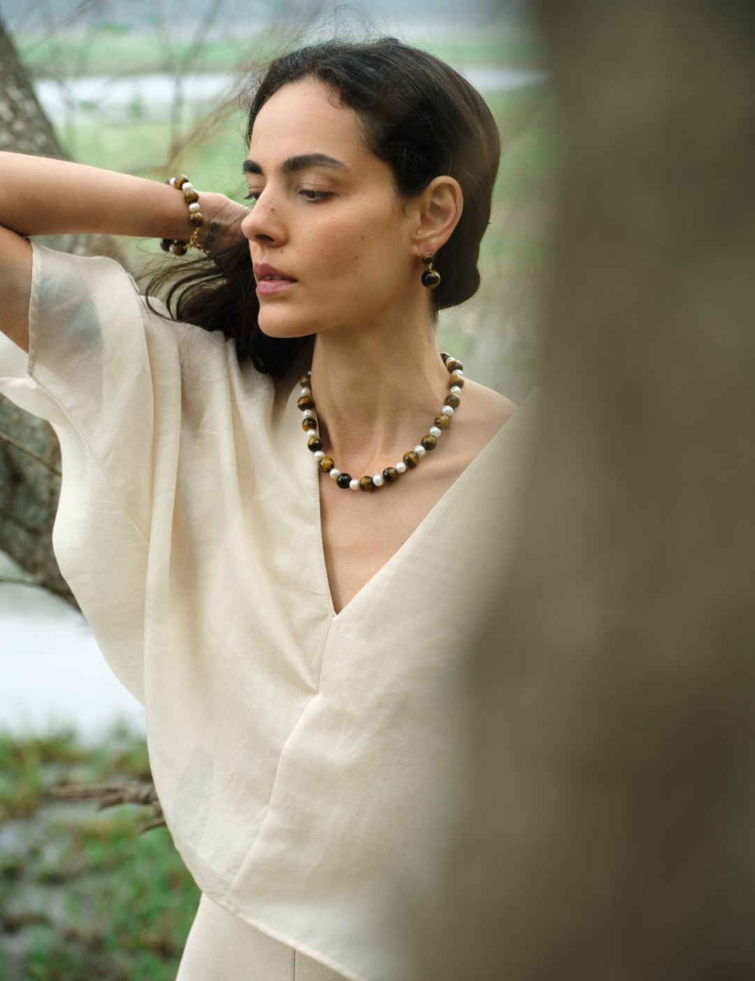 Amber Oak Tiger's Eye Pearl Necklace gembea jewelry