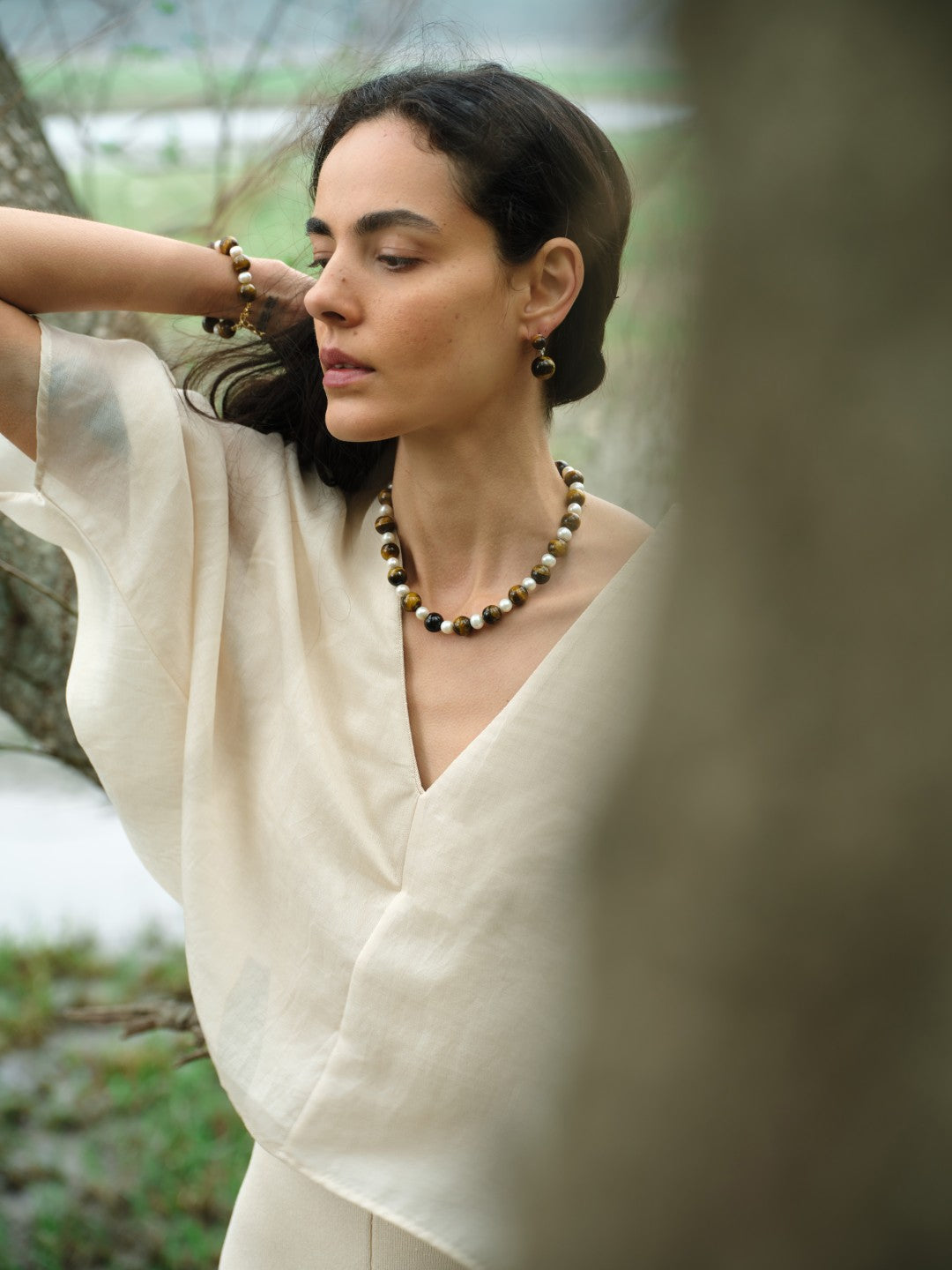 Amber Oak Tiger's Eye Pearl Necklace gembea jewelry