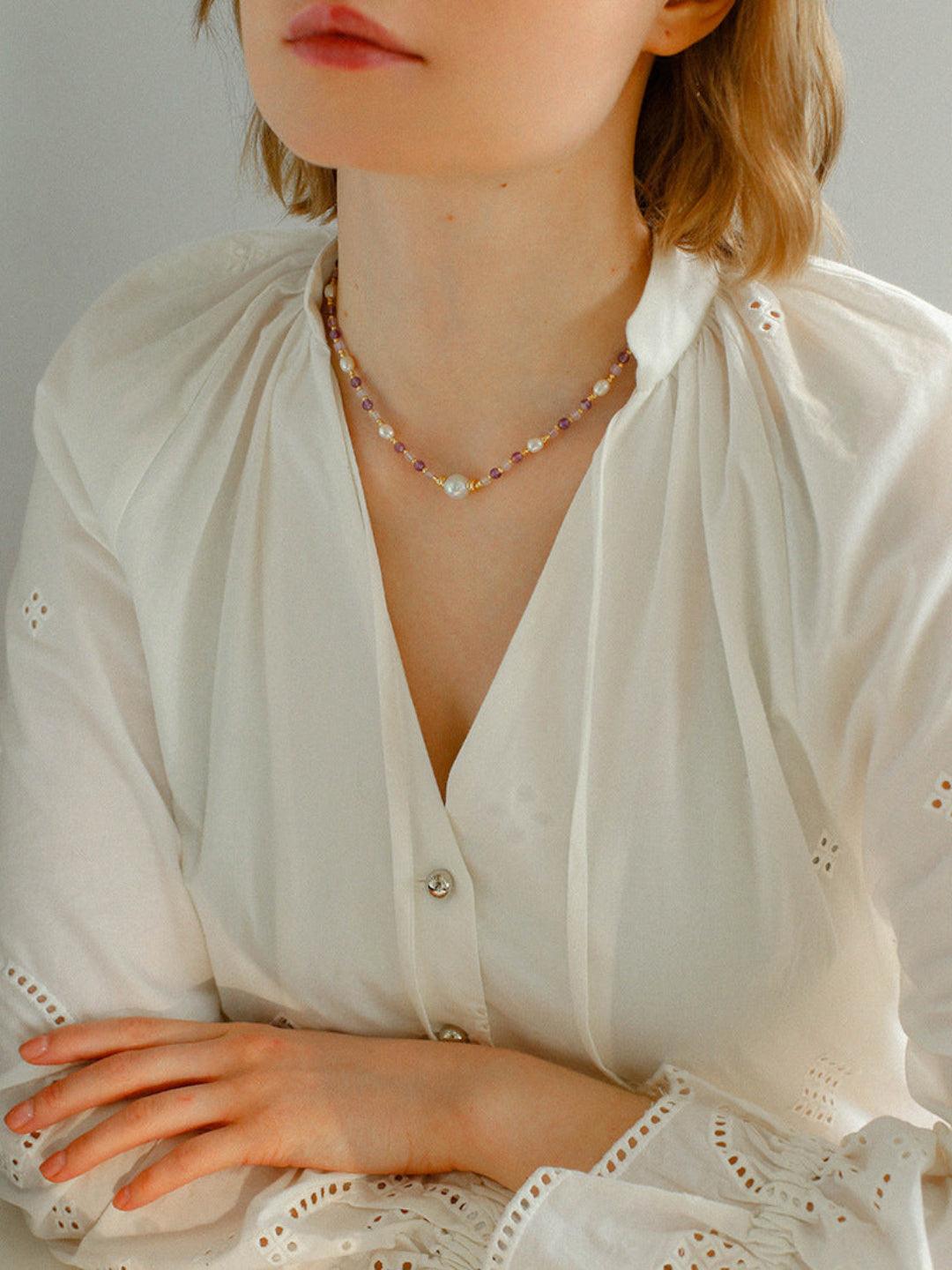 Amethyst Rice Pearl Necklace - Gembea Jewelry