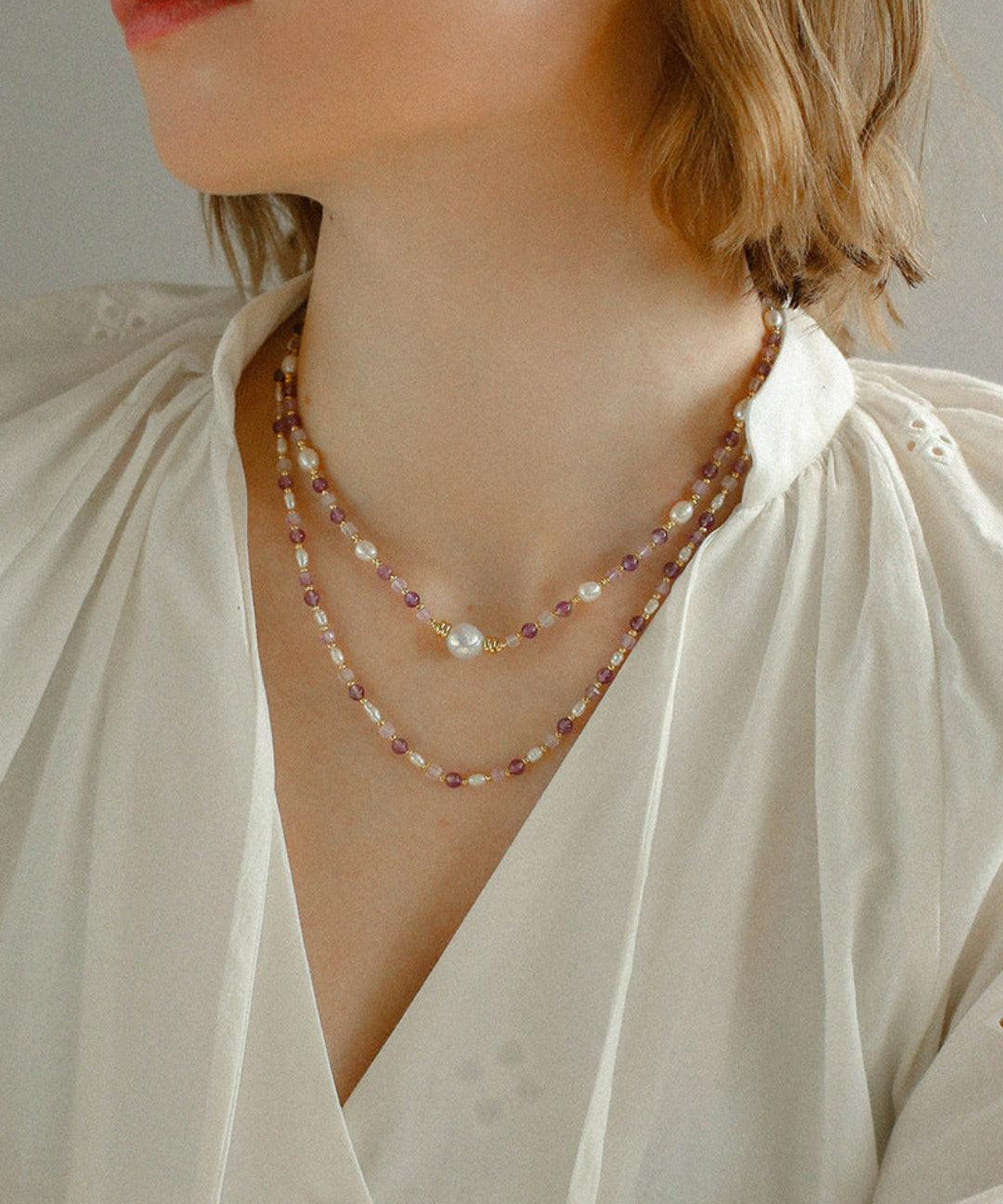 Amethyst Rice Pearl Necklace - Gembea Jewelry