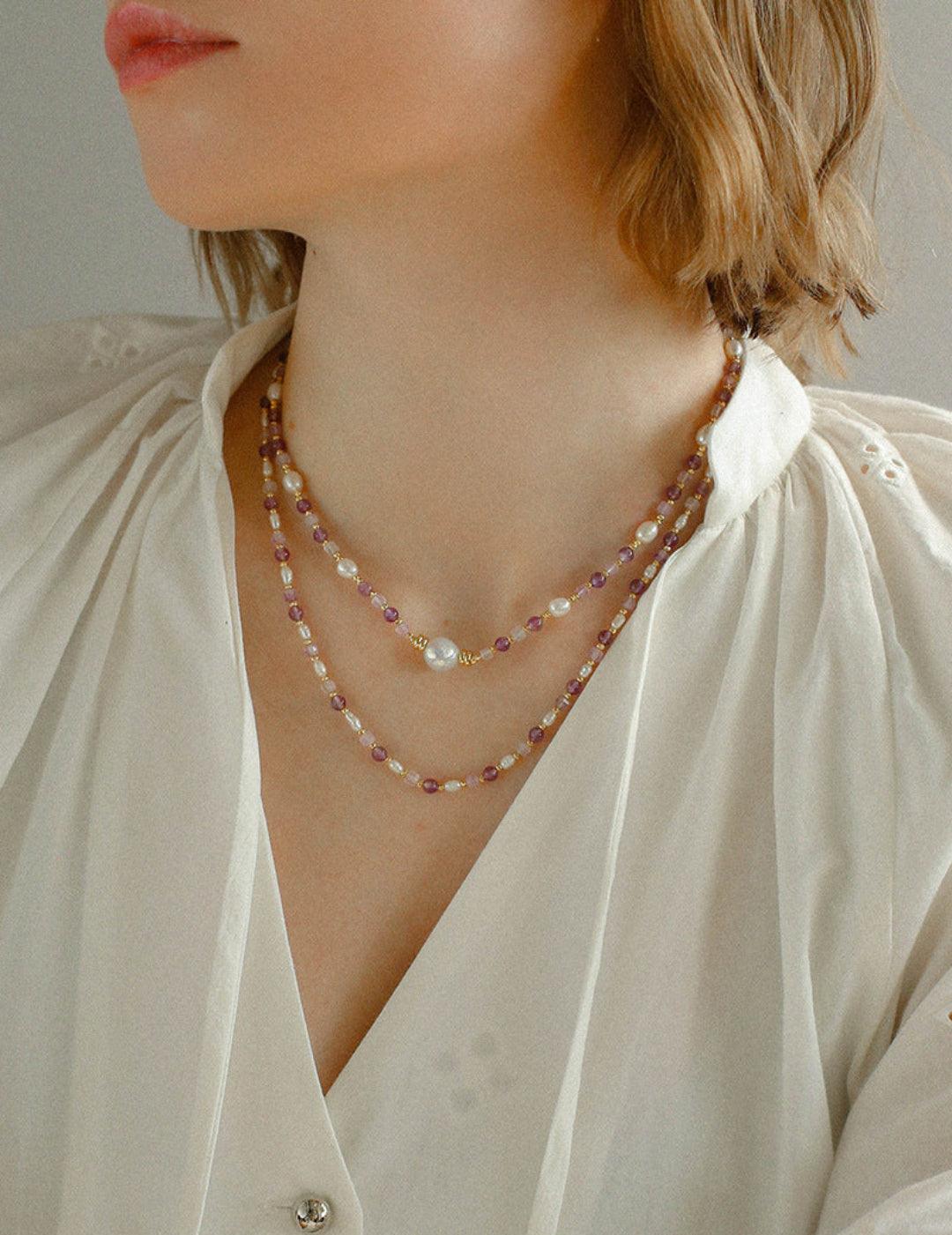 Amethyst Rice Pearl Necklace - Gembea Jewelry