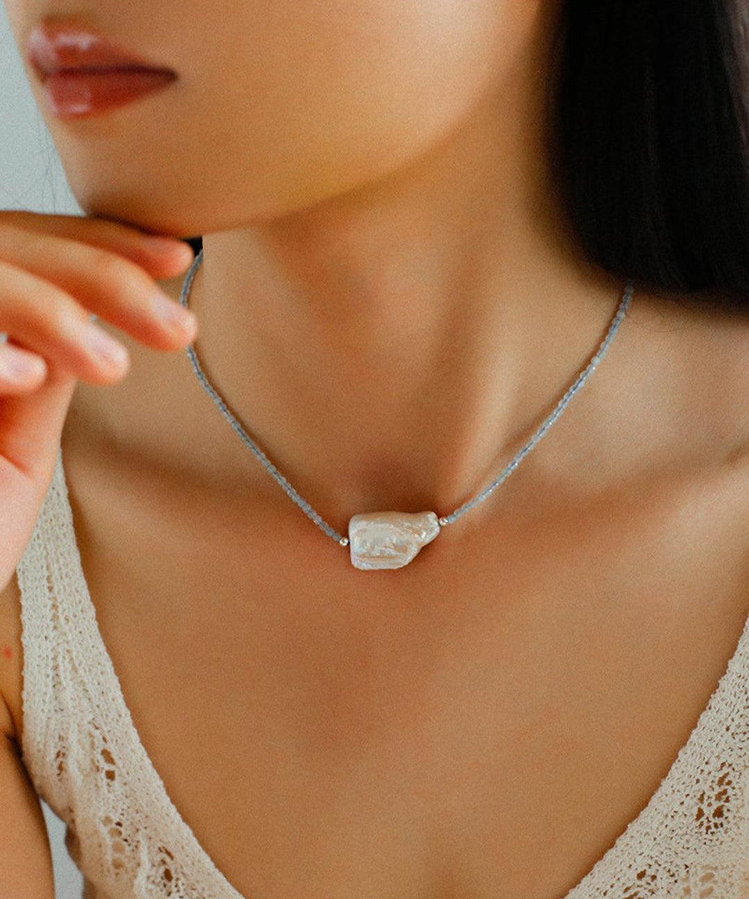 Sea's Embrace Series Aquamarine Pearl Necklace - Gembea Jewelry