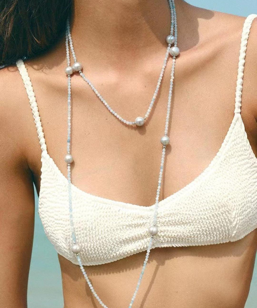 Sea's Embrace Series Aquamarine Pearl Long Necklace - Gembea Jewelry
