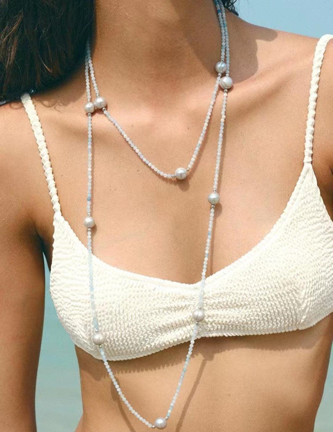 Sea's Embrace Series Aquamarine Pearl Long Necklace - Gembea Jewelry