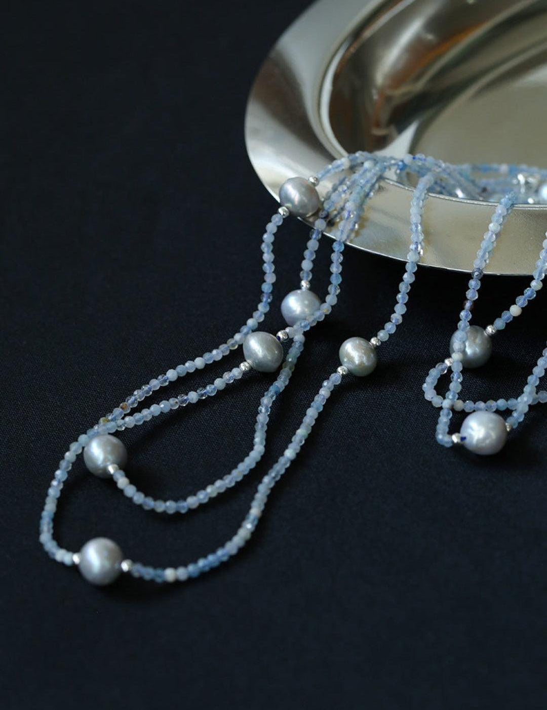 Sea's Embrace Series Aquamarine Pearl Long Necklace - Gembea Jewelry