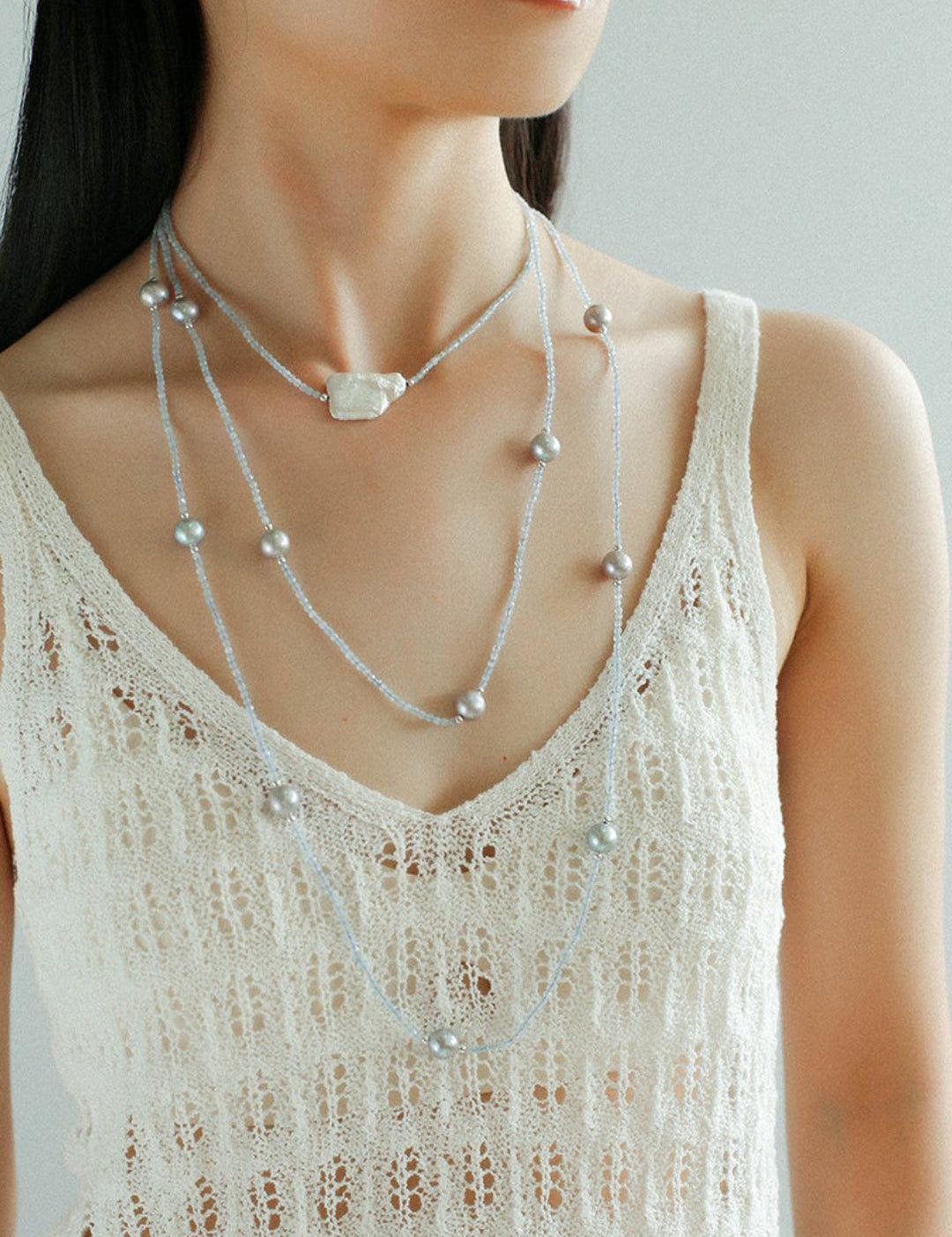 Sea's Embrace Series Aquamarine Pearl Long Necklace - Gembea Jewelry