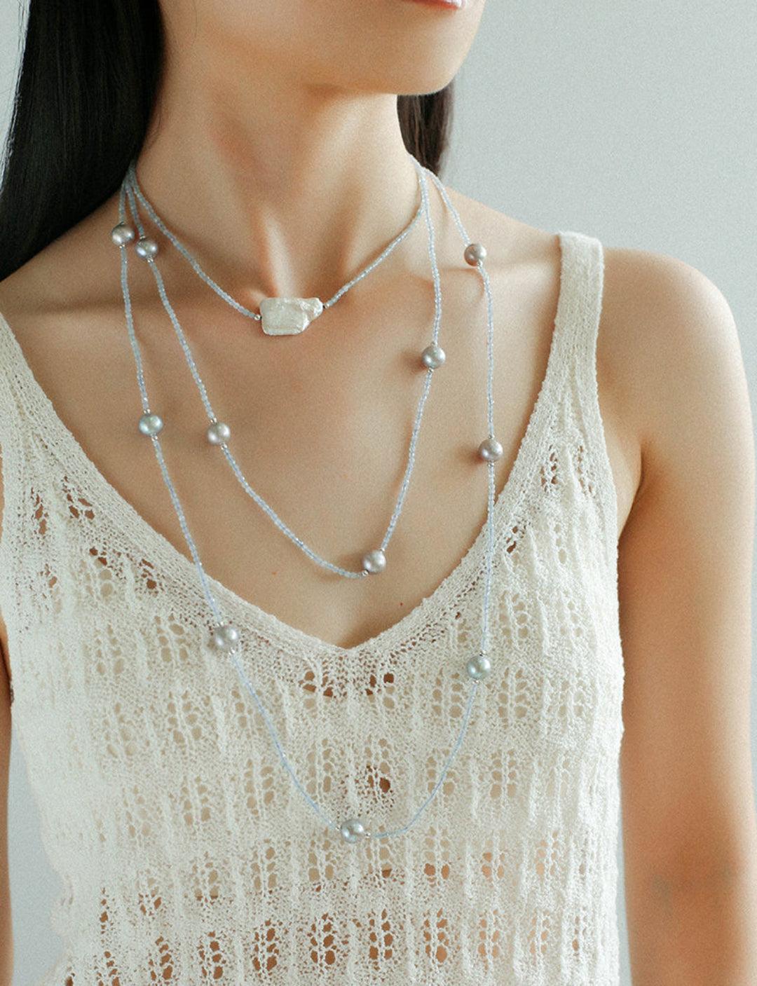 Sea's Embrace Series Aquamarine Pearl Long Necklace - Gembea Jewelry