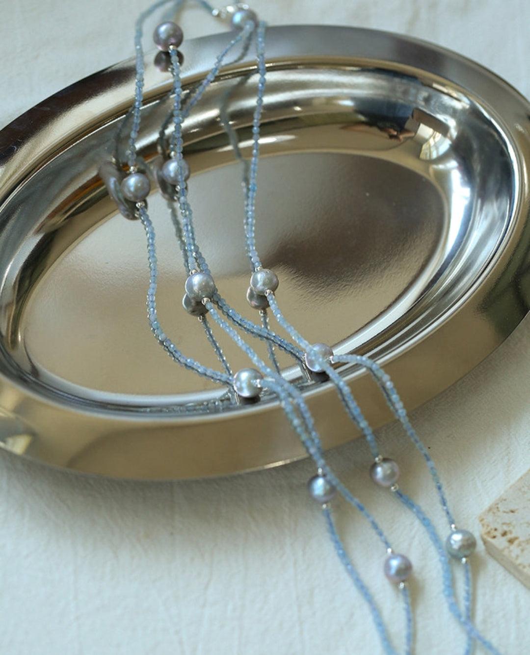 Sea's Embrace Series Aquamarine Pearl Long Necklace - Gembea Jewelry