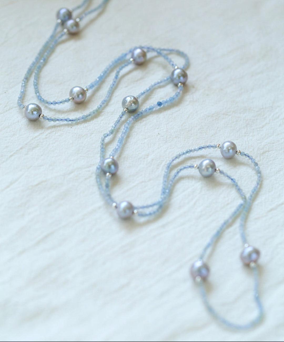 Sea's Embrace Series Aquamarine Pearl Long Necklace - Gembea Jewelry