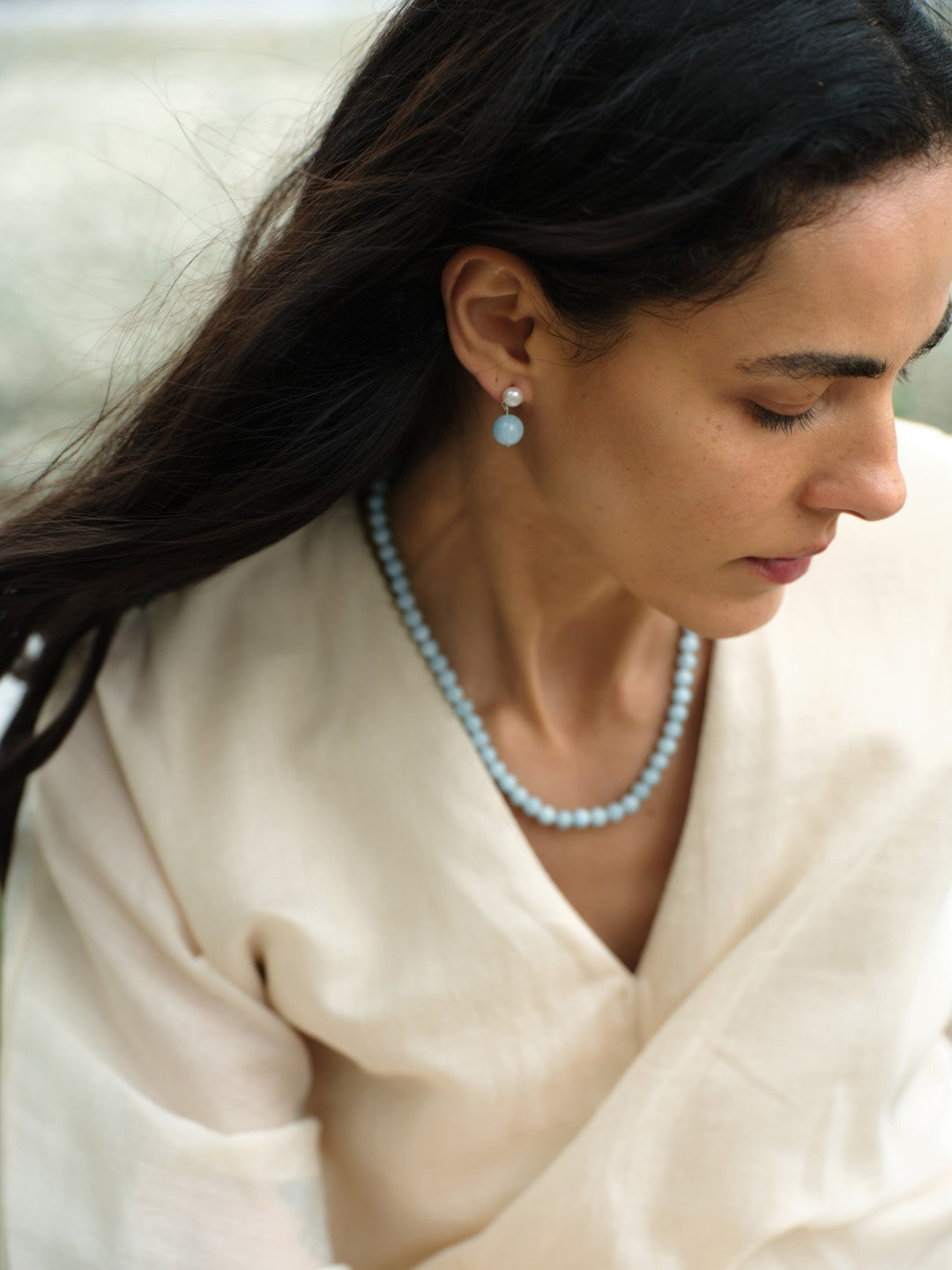 Azure Whisper Aquamarine Pearl Drop Earrings gembea jewelry