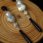 Baroque Pearl Black Agate Long Drop Earrings gembea jewelry