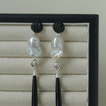 Baroque Pearl Black Agate Long Drop Earrings gembea jewelry