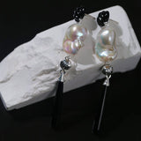 Baroque Pearl Black Agate Long Drop Earrings gembea jewelry