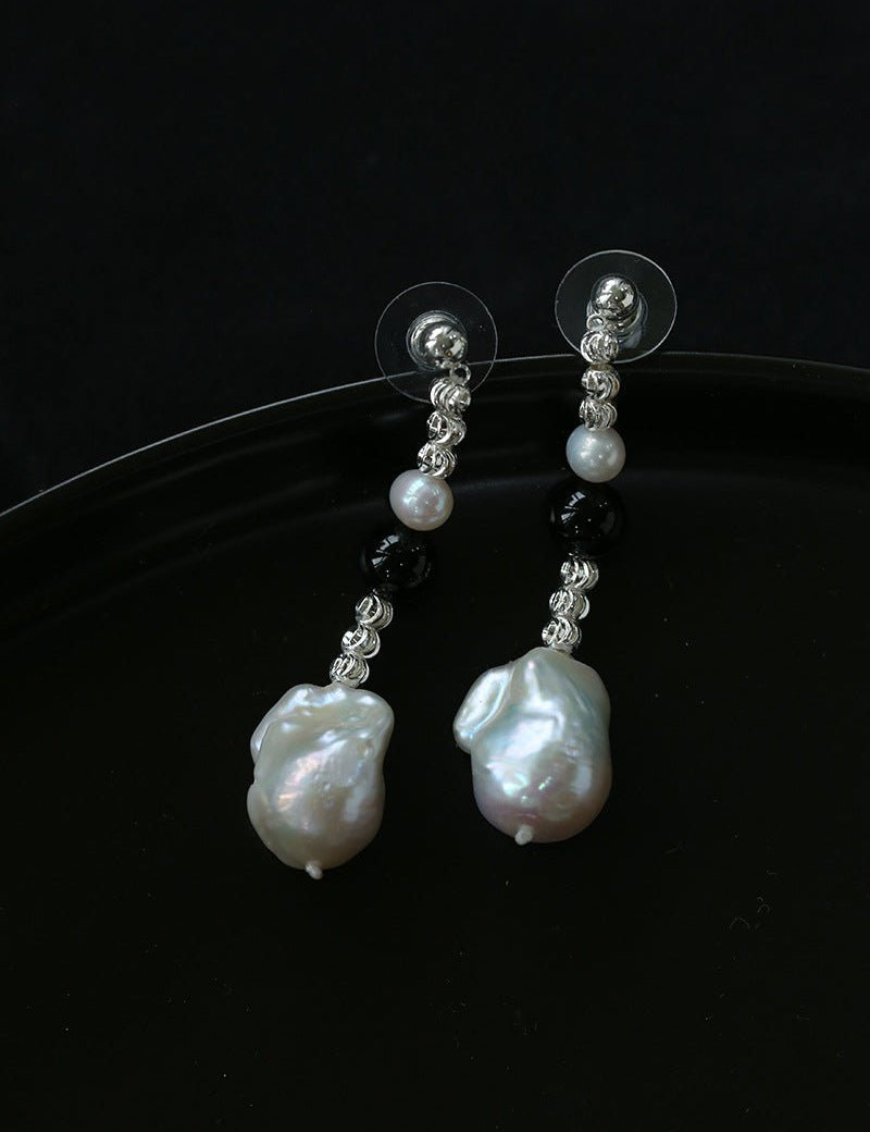 Baroque Pearl Black Agate Long Drop Earrings gembea jewelry